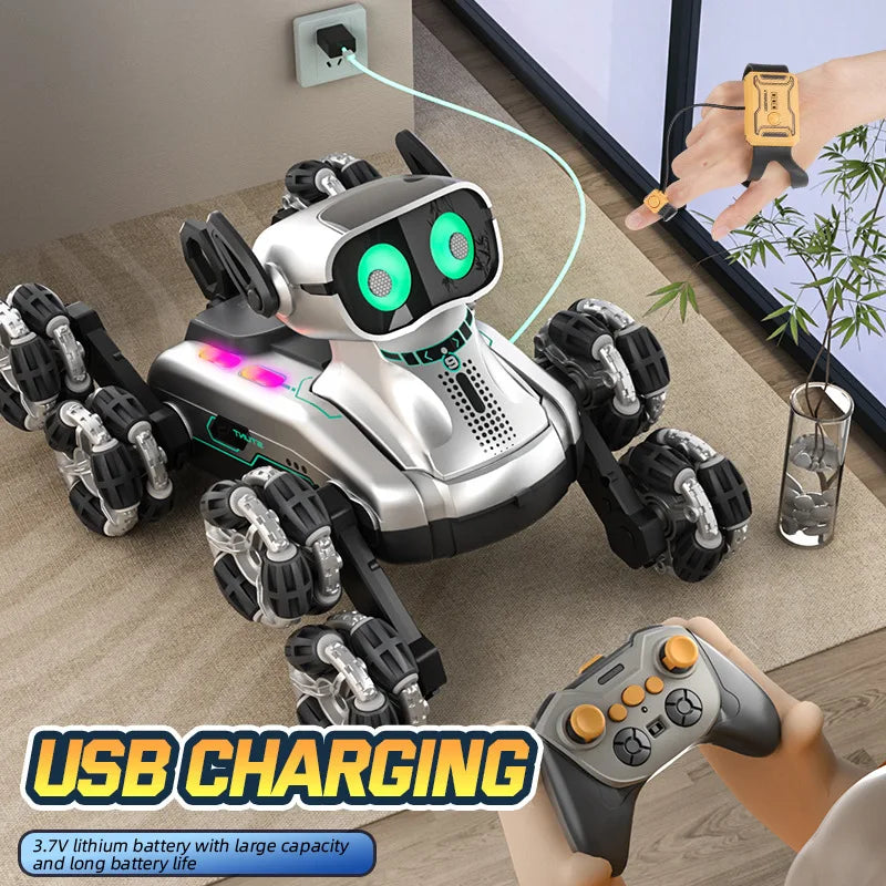 2.4ghz Contrôle Robot Chien Huit Roues Conduite Rc Chien Voiture Couleur Lumière Télécommande Robot Chiot Jouet Avec Son Tactile Oreille