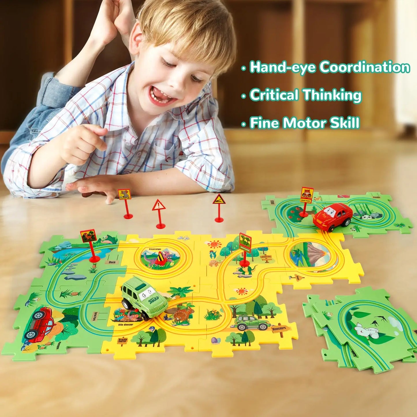 Puzzle de sol en plastique, adapté à 2 véhicules mignons, jeu de piste de voiture de course Montessori pour enfants