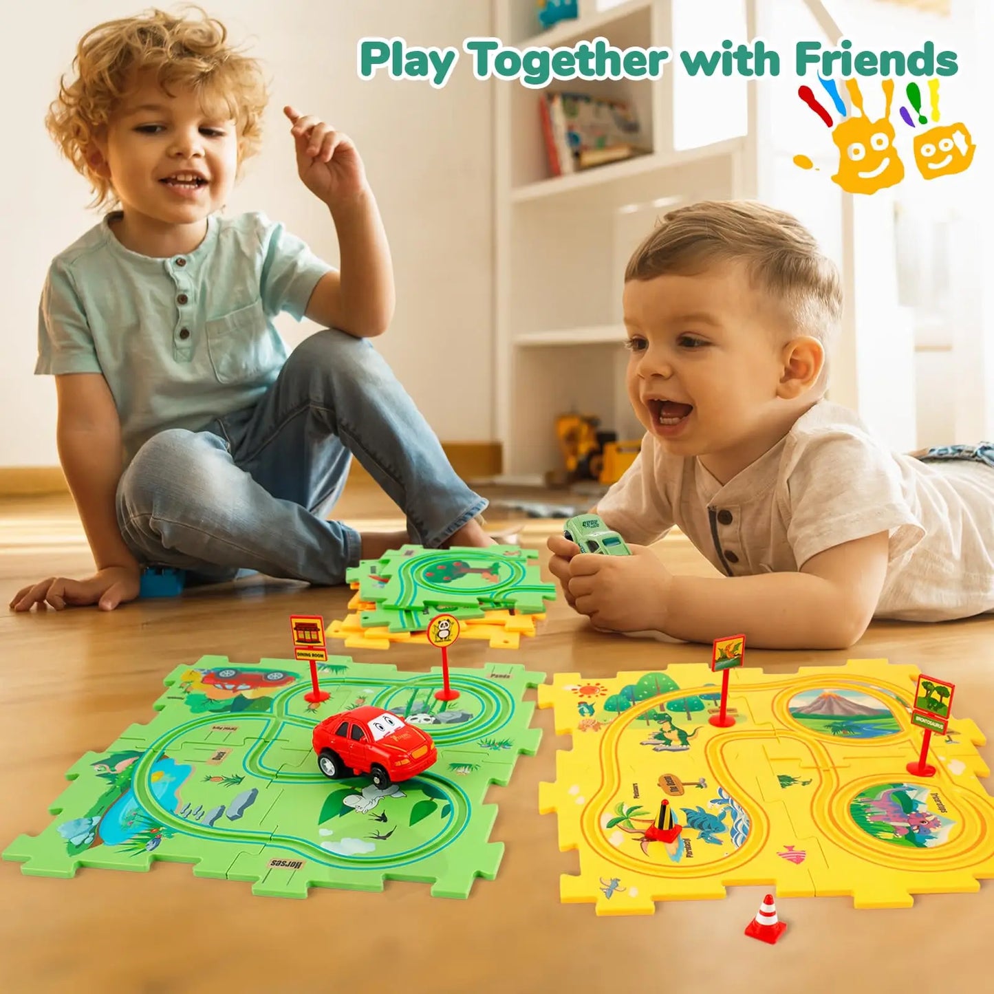 Puzzle de sol en plastique, adapté à 2 véhicules mignons, jeu de piste de voiture de course Montessori pour enfants