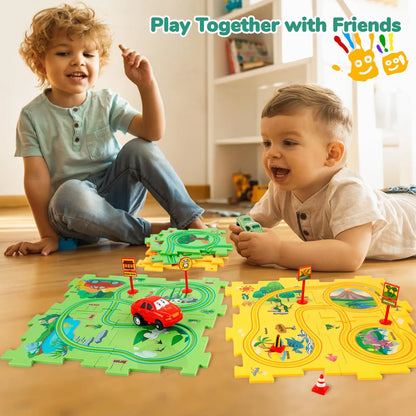 Puzzle de sol en plastique, adapté à 2 véhicules mignons, jeu de piste de voiture de course Montessori pour enfants